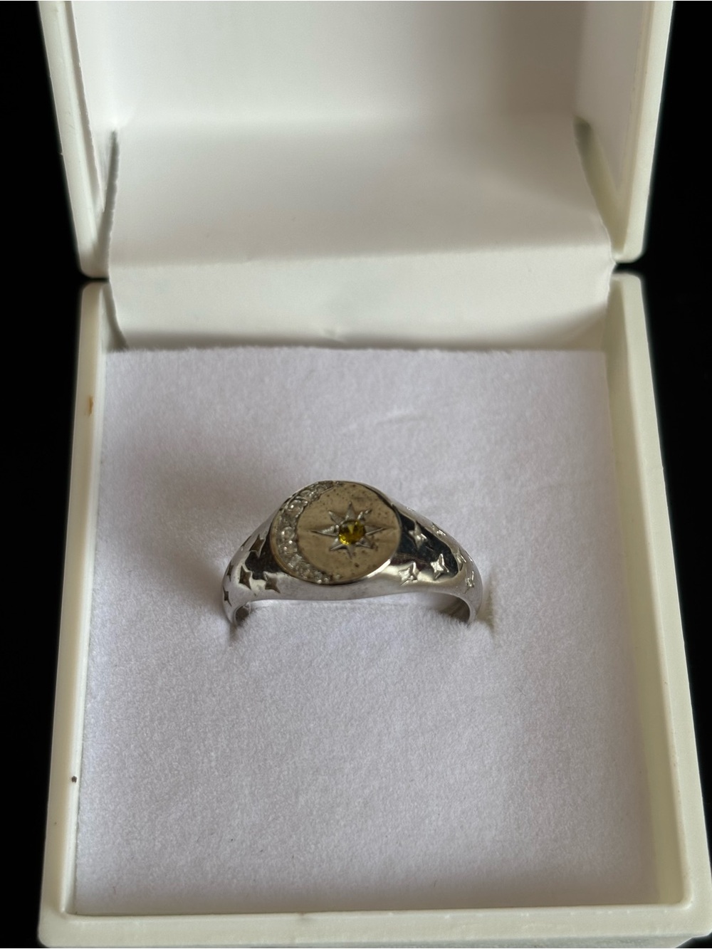 Sterling Silver Starburst Signet Ring with Yellow Gem